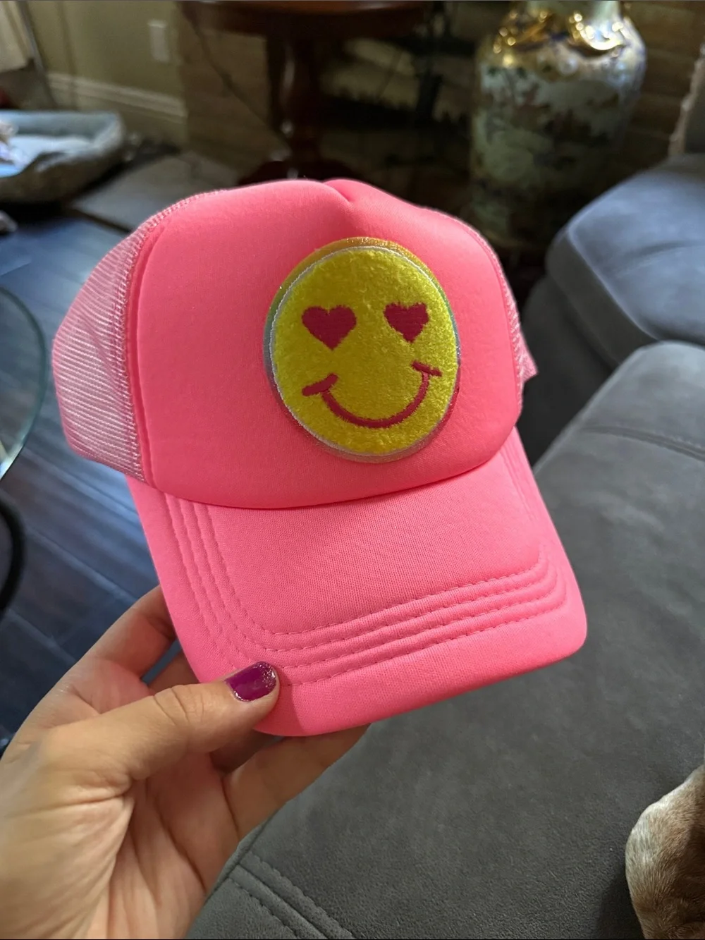 Neon Pink Trucker Hat with Smiley Patch SnapBack unisex fit NWT